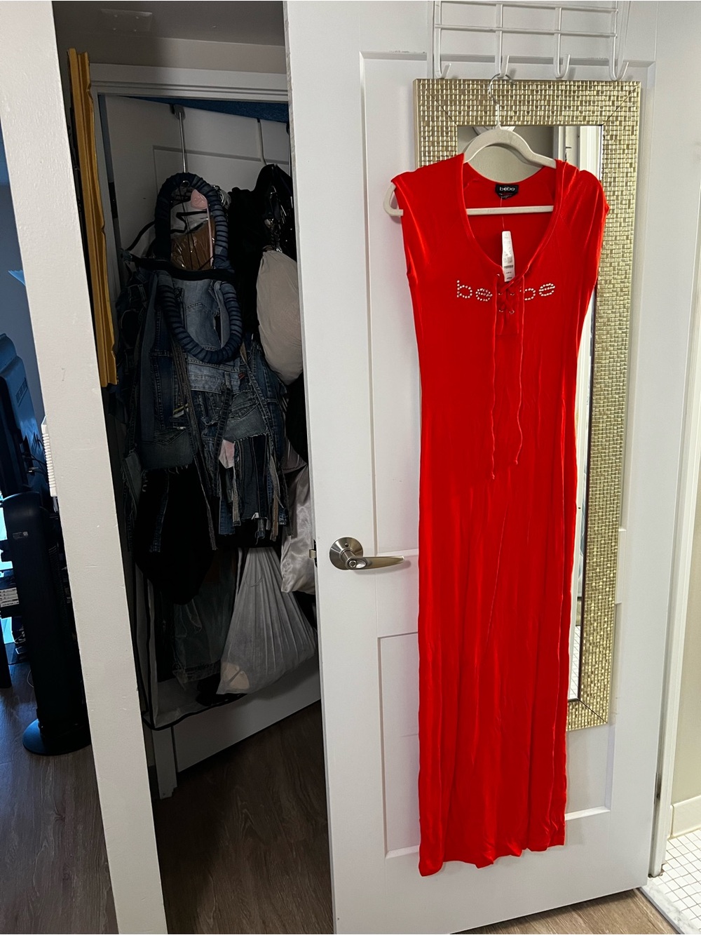 bebe Red Maxi Dress with Embellished Logo 57” LONG